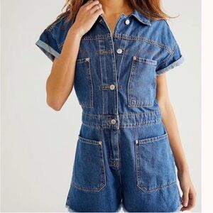 We the Free Denim Short Sleeve Romper - Work Hard Play Harder by Free People